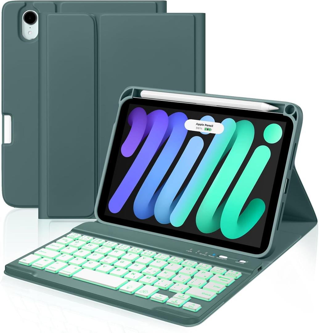 for iPad Mini 7 Keyboard Case A17 Pro 2024/iPad Mini 6 Generation Case with Keyboard 2021 8.3 Inch, Pencil Holder, 7 Color Backlit Detachable Keyboard Cover for iPad Mini 7th/6th Gen,Pinegreen