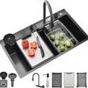 Black Kitchen Sink, 27 Inch Nano Stainless Steel Waterfall, Countertop Workstation Single Sink Set & Accessories, for Countertop, Kitchen, Bar (BLACK, 27 x 18 IN)