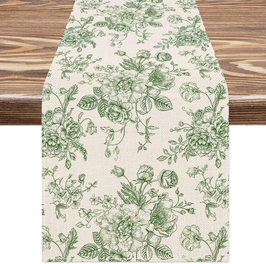 AnyDesign Green Flower Table Runner Wildfloral Kitchen Dining Table Decoration Floral Table Cover for Indoor Outdoor Home Party Table Decor Supplies, 13 x 72 Inch, AD4113