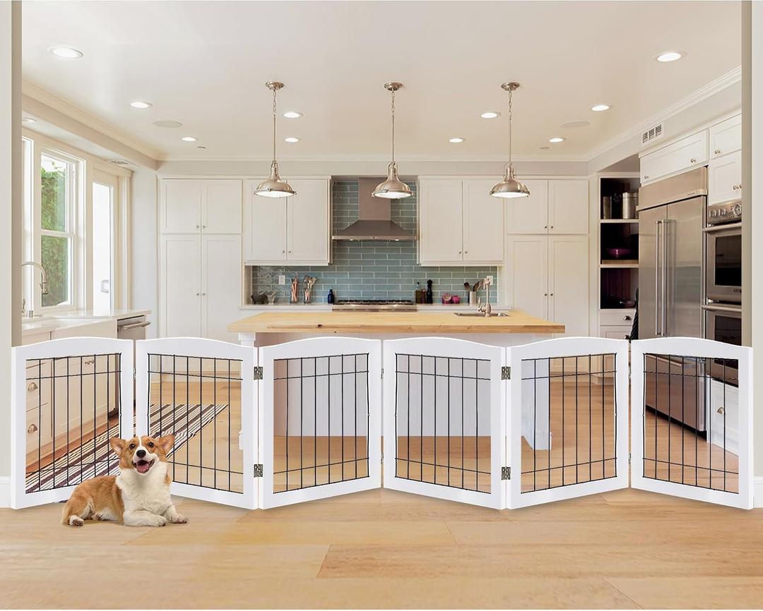 LZRS 6-Panel Extra Wide Wooden Freestanding Dog Gate: Foldable Solid Wood and Steel Wire Chew Resistant Safety Barrier for Doorways, Stairs, and Open Long Spaces Indoor Use, White