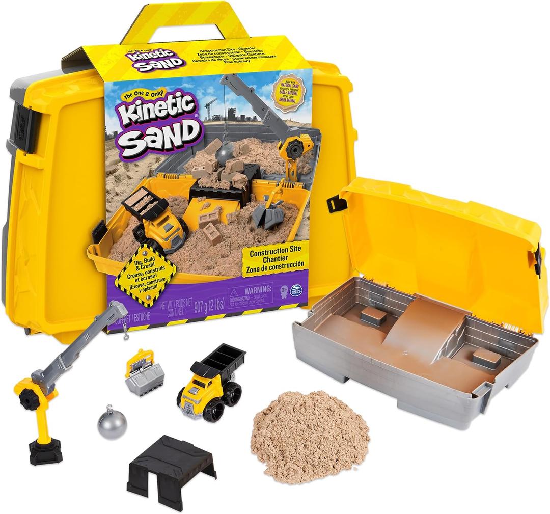 Kinetic Sand, Construction Site Folding Sandbox with 2lbs Play Sand & Toy Truck, Storage Case, Sensory Toys, for Kids Ages 3 and up