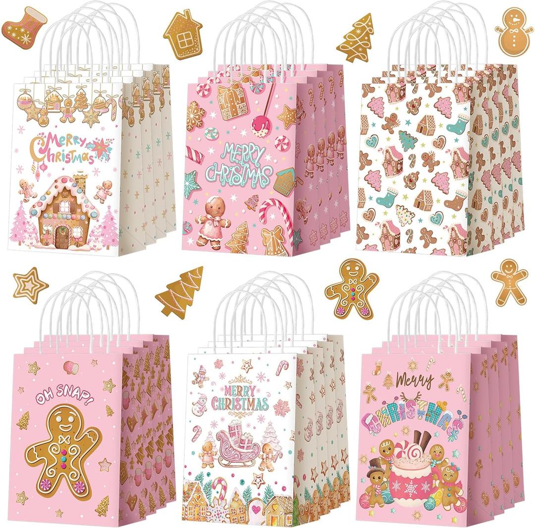 Kolldenn 48 Pcs Pink Christmas Gingerbread Party Favors Bags Christmas Goodie Gift Paper Bags with Handles Xmas Tree Gingerbread Coffee Candy Treat Bag for Xmas Party Decorations Holiday Supplies