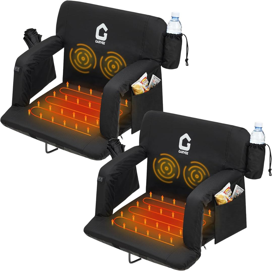 Massage & Heated Stadium Seats with Back Support and Padded Cushion - 3 Level Heating & Massage Extra Wide Bleacher Chair with Anti-Slip Mat - Football Seats, 6 Adjustable Angle, Pockets, Cup Holder, Size: 25" Super Wide