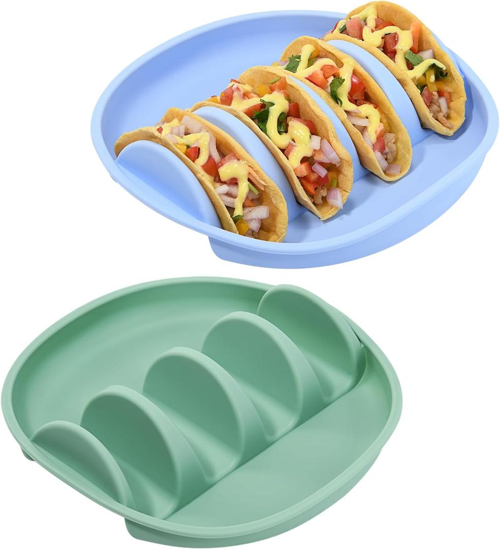 Silicone Taco Plates Holder Set of 2, Reusable Taco Holder Plates with Dividers, Taco Holders for Soft and Hard Tacos, Non-Slip Taco Holder Stands Taco Serving Tray, Dishwasher & Microwave Safe