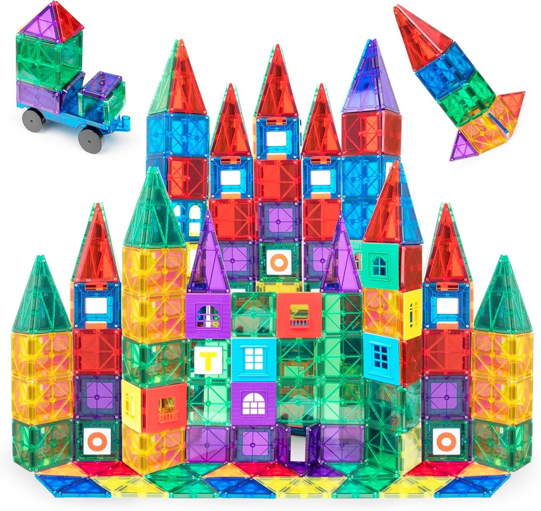 Playmags 150-Piece Magnetic Tiles Building Set  3D Magnet Building Blocks, Creative Imagination, Inspirational, Educational STEM Toys for Kids with 1 Car