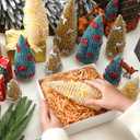 Soaoo 12 Pack Bottle Brush Christmas Trees with Bow 5 6 8 10 Inches Artificial Christmas Tree Decorations with Wood Base for Winter Snow Miniature Scene Tabletop Decor(Green, Gold, Ivory)