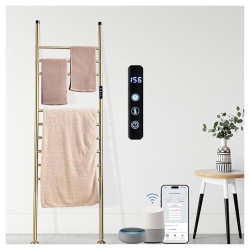 Freestanding Heated Towel Rack Electric Towel Warmer 110W Smart WiFi Voice Control 115°F—155°F Adjustable, 24H Timer, 9-Bar Hot Towel Rack, Blanket Ladder Holder, No Installation (Brushed Gold)