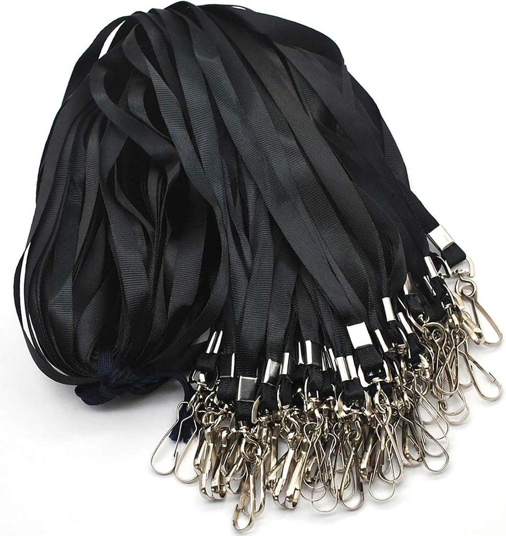 Beebel Lanyards 100 Pcs Lanyard for Id Badges Flat Lanyard with Badge Clip J-Hook (Black)