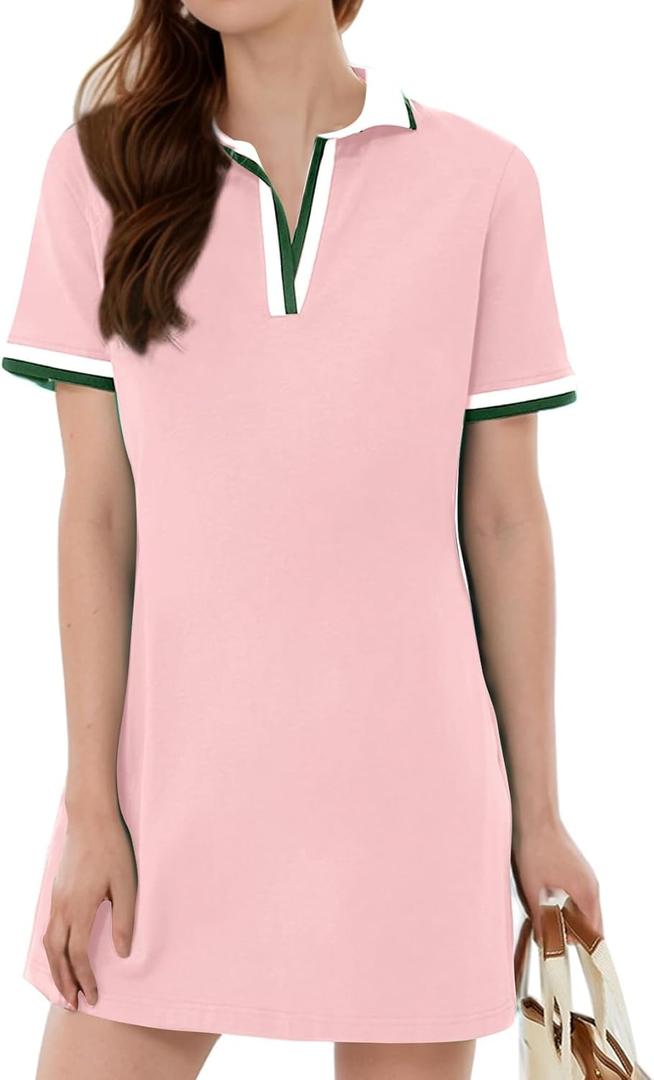Kissonic Polo Dresses for Women Short Sleeve Tennis Golf Dress V Neck Summer Casual Dress with Pocket (X-Large, Pink)