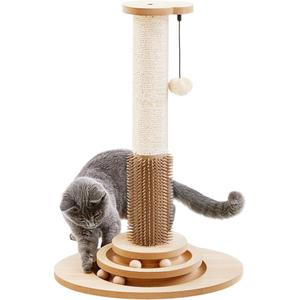 Made4Pets Cat Scratching Post, 23" Tall Sisal Cat Scratcher Post with Self Groomer, 4in1 Interactive Trackball Toys with Hair Brush, Vertical Cat Climbing Tree with Dangling Plush Balls