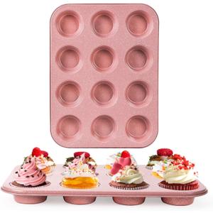 2-Pack Pink Nonstick Muffin Pans, 12-Cup Muffin Cake Pan, 5-Layer Free PFOA/PFOS/PTFE Safe Cupcake Pan, Durable & Easy-Clean Muffin Cup for Baking
