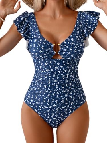 Eomenie Womens Ruffled One Piece Swimsuit Slimming Tummy Control Bathing Suit V-Neck Cutout Swimwear for Resort Wear, 2XL