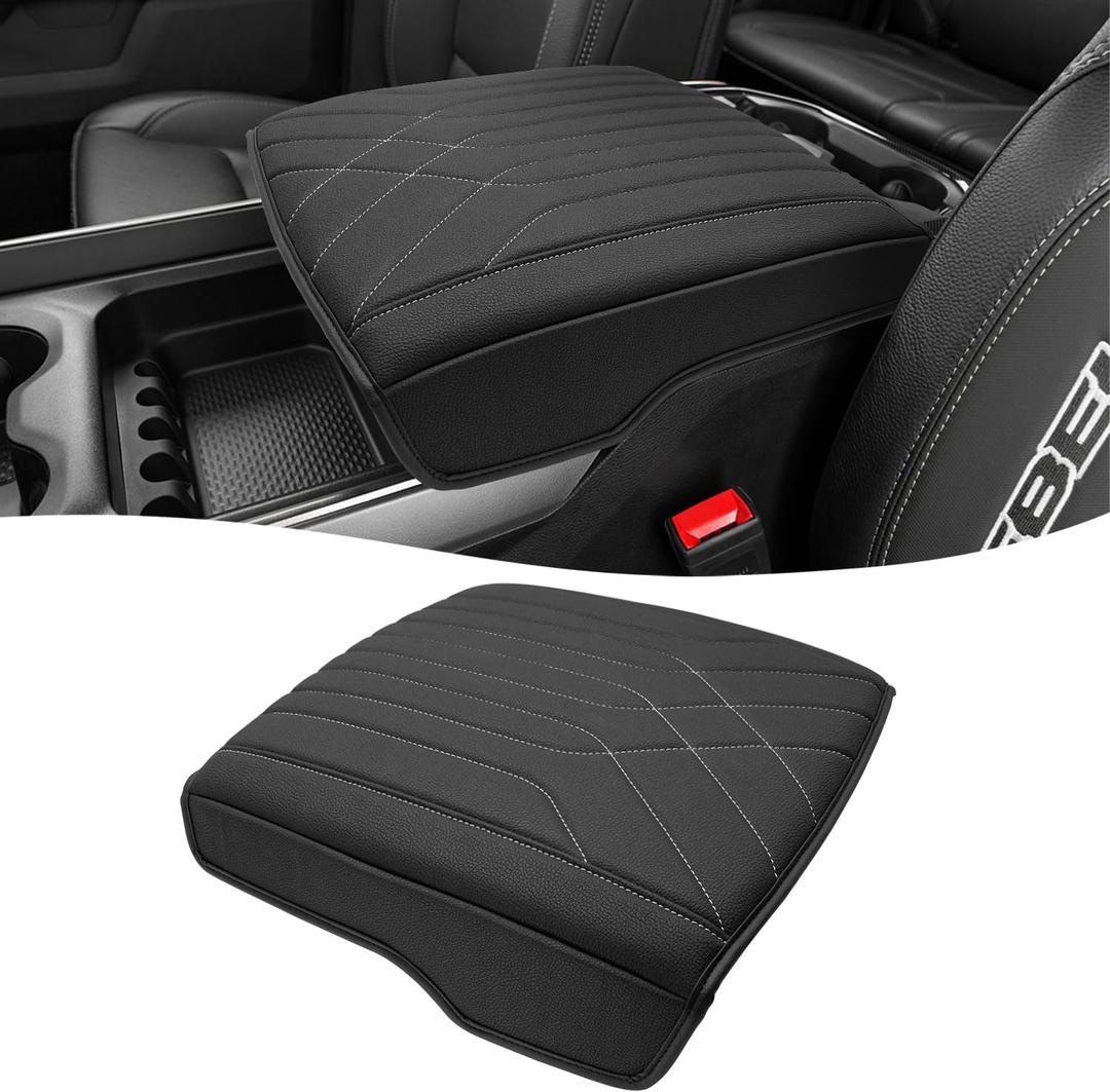 KBH Center Console Armrest Cover for 2019-2026 Dodge Ram 1500 2500 3500 5th Gen, Floor Console Bucket Seat, Arm Rest Cushion Pad Protector, Vinyl Leather, Black-Gray Stitches