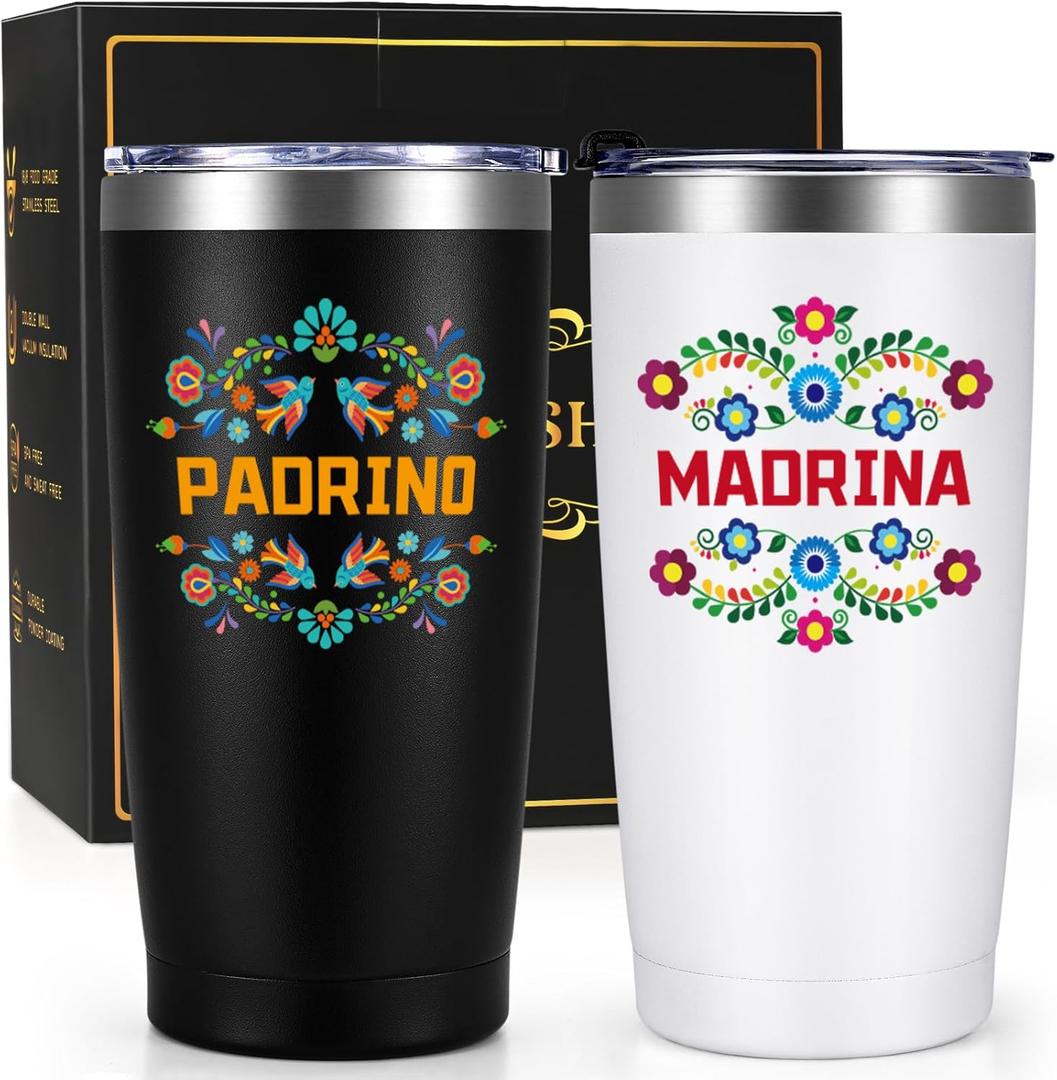 Gtmileo Godparents Proposal Gift, Padrinos Madrina Proposal Gift, Padrinos De Bautizo Propuesta Stainless Steel Insulated Tumbler Set, Christmas Birthday Gifts for Godmother Godfather In Spanish, 20Oz (1-Black)