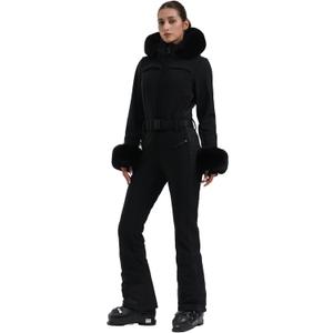 GSOU SNOW Womens Ski Suit One Piece Snowsuit Snowboard Jacket Slim Snow Jumpsuit Faux Fur Ski Outfit Waterproof (Black) XS