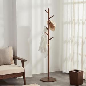 Coat Rack, Solid Wood Coat Rack Freestanding with 6 Hooks, Wooden Coat Tree Freestanding for Hats, Handbags, Coat Stand for Entryway, Bedroom, Hallway - Ideal Gift (Walnut)
