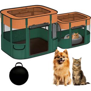 Portable Cat Playpen with Separate Areas, 2-in-1 Puppy Playpen & Cats Cage, Foldable Pet Tent for Indoor and Outdoor Use, Collapsible Tent Kennel Cage House(35.4"x27.6"x27.6", Orange & Green)