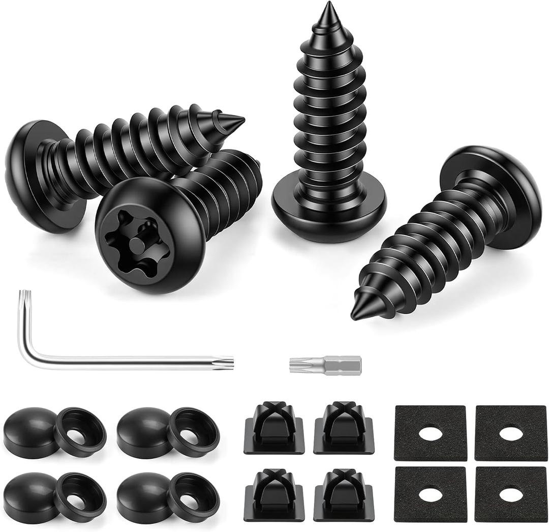 LivTee Anti Theft License Plate Screws Set for Securing Frames and Covers, License Plate Bolts, M6 (1/4") Tamper Proof Screws, Caps Cover for Front Rear Frame Holder Mounting (Black-4PCS)