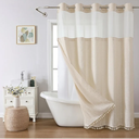 Boho Farmhouse No Hook Shower Curtain Set with Snap-in Fabric Liner, Heavy-Duty Linen Textured Rustic Striped Design, Water-Repellent with Tassels and Sheer Window, Cream/Beige, 71x74