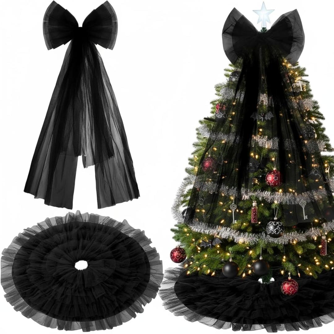2 Pcs Black Christmas Tree Decoration Giant Black Bow Christmas Tree Topper 47 x 24 Inch Fabric Extra Large Bow Decor Artificial Xmas Skirt for Home Winter Holiday Party Wedding Ornament
