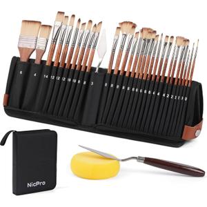 Nicpro 30pcs Paint Brush Set, Professional Paintbrushes with Paint Spatula & Self-Standing Case, Craft Paint Brushes for Acrylic Painting, Oil, Watercolor, Gouache, Art Supplies for Artists Beginners