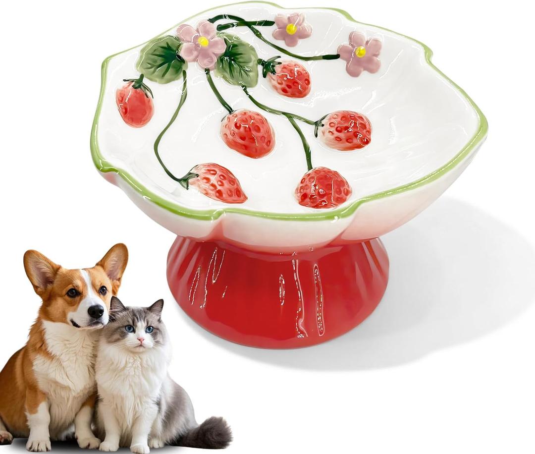 Ceramic Strawberry Elevated Cat Bowls, Tilted Raised Pet Dish for Anti Vomit, Spine Protection, Whisker Friendly - Excellent Raised Food and Water Bowl for Indoor Cats, Flat-Faced Cats, Dishwasher Saf