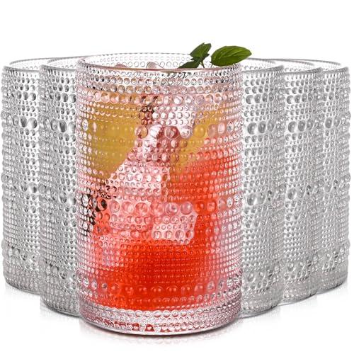 JPPSUJJ Vintage Hobnail Drinking Glasses Set of 6,15 oz Highball Glasses,Water Glasses Cups,Kitchen Glasses for Cocktail,Iced Coffee,Beer,Ice Tea,Wine,Whiskey,Water