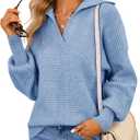 Womens Polo Long Batwing Sleeve V Neck Pullover Sweaters Solid Ribbed Collar Knit Sweater Oversized Chunky Jumper Tops Blue, M