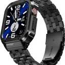 SUPLINK Stainless Steel Case & Band Compatible with Men Apple Watch Band 45mm, Metal Rugged Protective Bumper for iWatch Apple Watch Series 9 8 7 45mm Band, Black