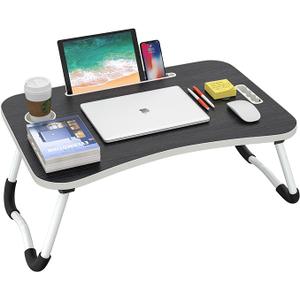 BUYIFY Folding Lap Desk, 23 Inch Portable Wood Black Laptop Bed Desk Lap Desk with Cup Holder, for Working Reading Writing, Eating, Watching Movies for Bed Sofa Couch Floor
