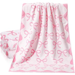 SmoothNovelty 2 Pcs Pink Bow Bathroom Towels 100% Cotton Coquette Bow Bath Towels 28 x 55 Inch Absorbent Soft Preppy Bathroom Decor for Spa Gym Kitchen Women Gifts