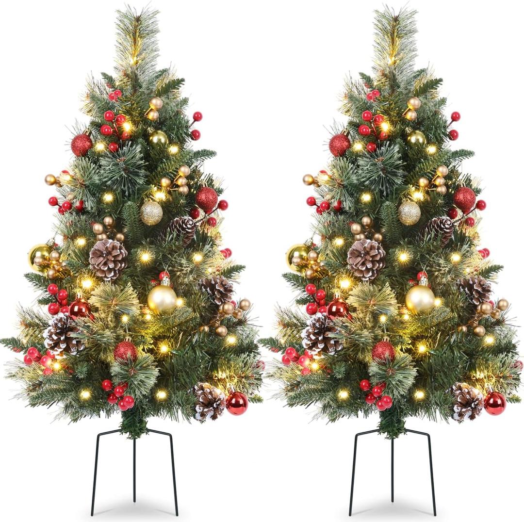 Set of 2 Outdoor Pathway Christmas Trees, 30in Artificial Xmas Tree with 35 LED Lights, 8 Lighting Modes & Timer, Red & Gold Berries, Ball Ornaments, Holiday Dcor for Driveway, Porch, Yard