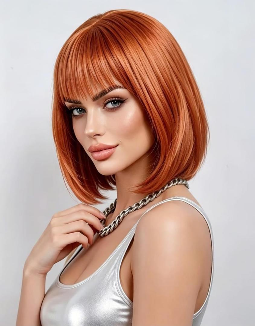 Rugelyss Auburn Bob Wig with Bangs 14 Inches Short Ginger Synthetic Hair Wigs for Women for Halloween and Cosplay Costume Party
