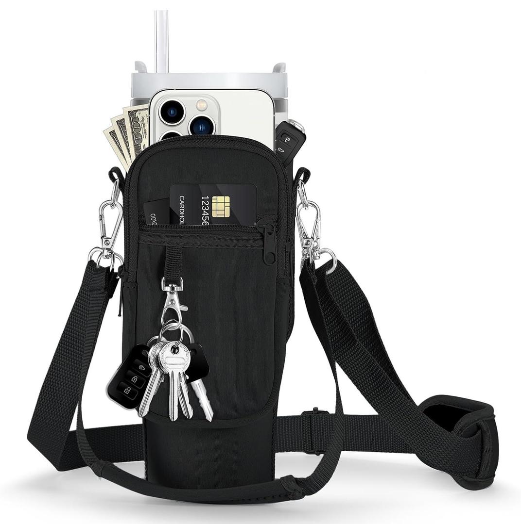 linmaya Water Bottle Carrier Bag with Phone Pocket for Stanley Cup 40/30oz,Insulated Neoprene Water Bottle Holder Cross-boday Bag with Adjustable Shoulder & Handheld Strap Stanley Cup Accessories