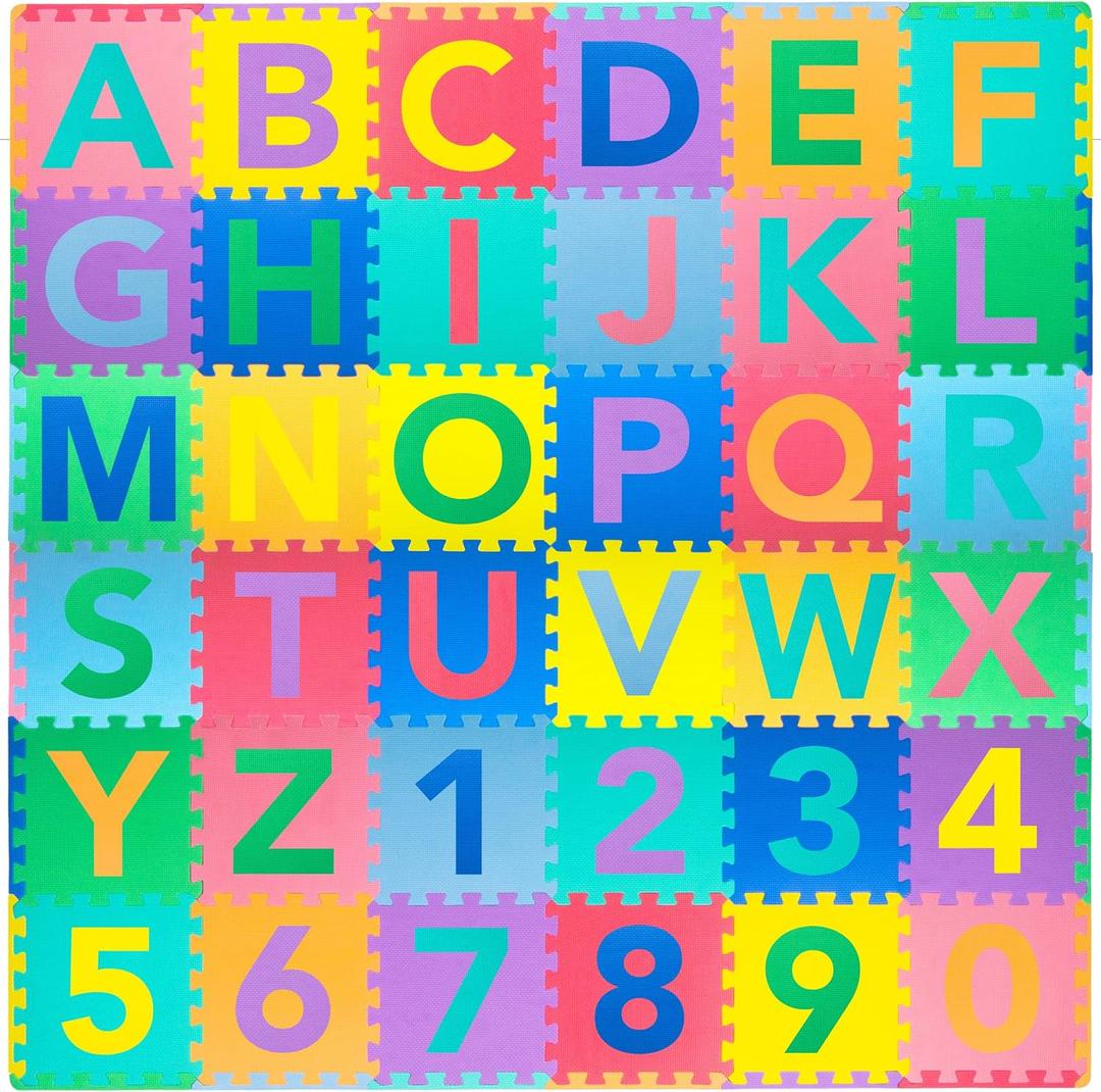 ProSource Kids Puzzle Alphabet, Numbers, 36 Tiles and Edges Play Mat, 12"x12", Abc & 123