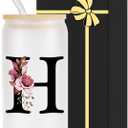 Monogrammed Glass Drinking Cup With Lid Straw Brides for Her Wedding Day Bridal Shower Bachelorette Party Engaged Engagement Cute Personalized Unique Cool Special Customized Best Present Gifts,H
