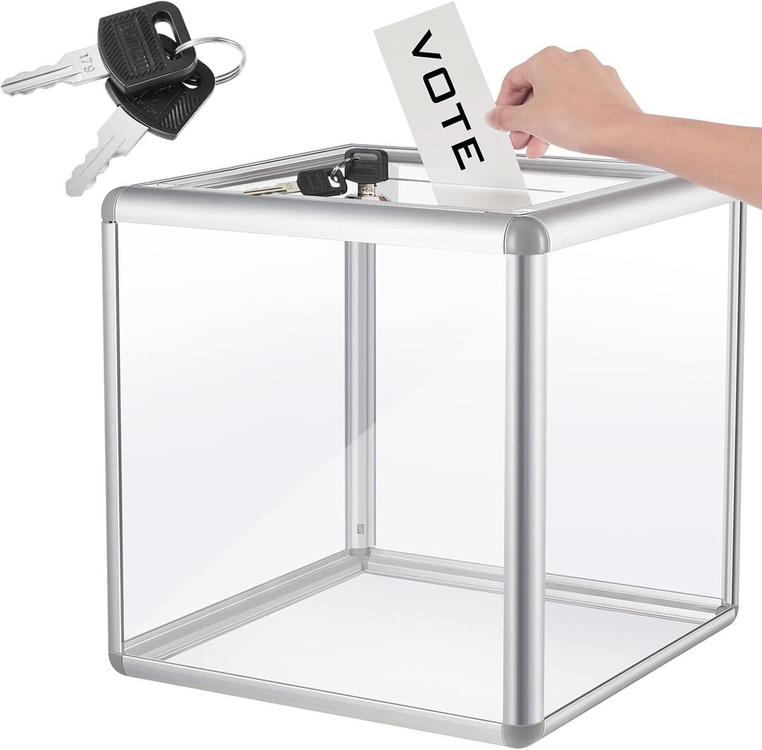 Acrylic Donation Raffle Box with Slot & Lock, Large Clear Ballot Offering Suggestion Ticket Holder for Fundraising Drawing Storage Container Tip Jar Voting Charity(12 x 12 x 12 In,Clear)