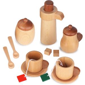 WHOHOLL Wooden Tea Set for Little Girls, Natural Wood Toys Tea Party Set, Kids Tea Set for Toddlers 1-3, Baby Play Tea Cup Set for Pretend Play, Play Kitchen Accessories with Storage Bag