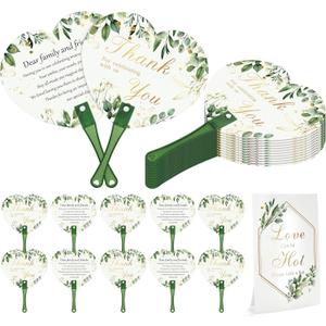 Aneco 120 Pieces Wedding Hand Plastic Fans with Wedding Table Sign Handheld Plastic Fan with Handle for Guests Bulk Wedding Hand Fans for Wedding Ceremony Bridal Shower, Green Leaves