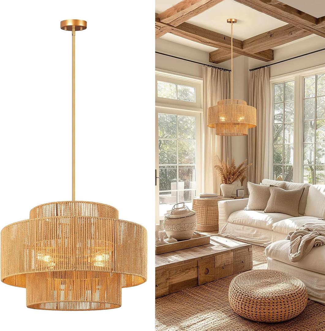 24'' Boho Rattan Chandelier, 4-Light Hand-Woven Wicker Pendant Lamp, Rustic Modern Ceiling Light Fixture for Dining Room, Kitchen Island, Living Room, Bedroom, Foyer, Entryway, Over Table