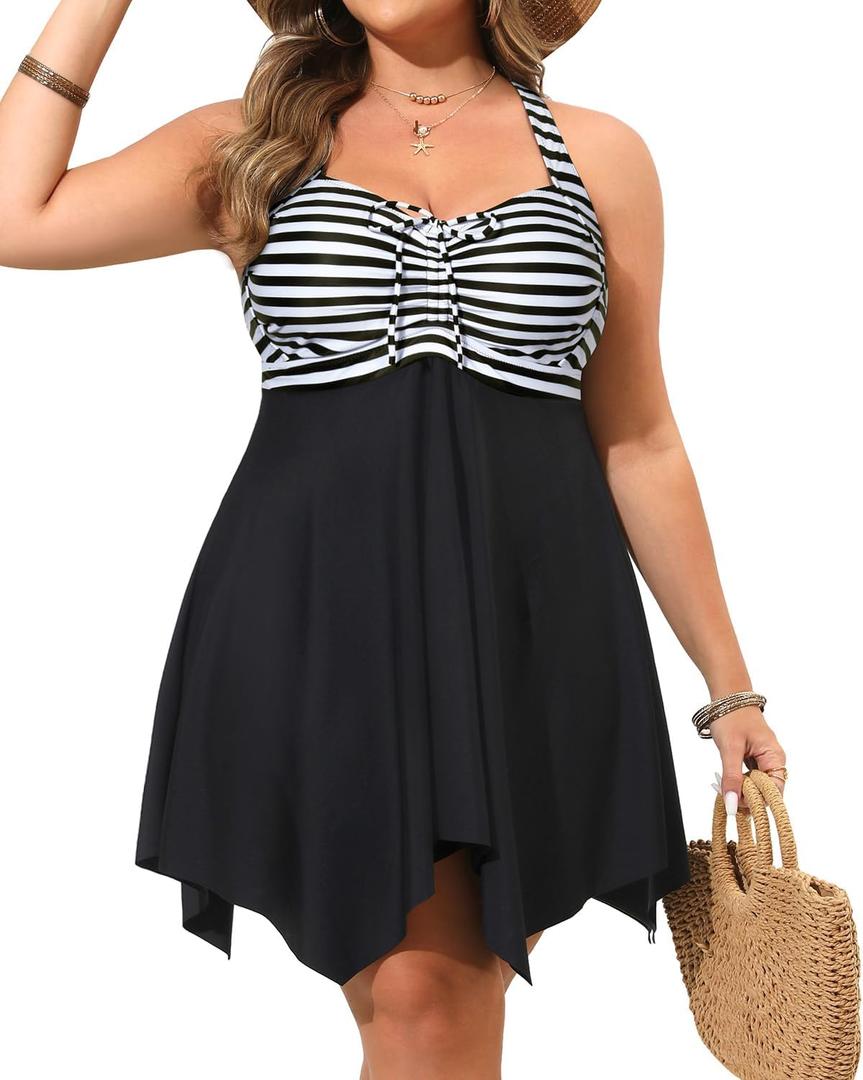 Daci Plus Size Women Two Piece Swim Dress with Shorts Flowy Swimsuits Tummy Control Bathing Suits