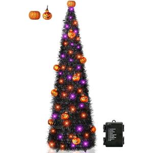 [Timer& Pumpkin] 5 Ft Black Tinsel Halloween Tree with 50 LED Orange Purple Lights, Pop Up Artificial Pencil Tree with Lantern Topper & 10 Jack-O Pumpkin Balls Ornaments for Halloween Decor Indoor