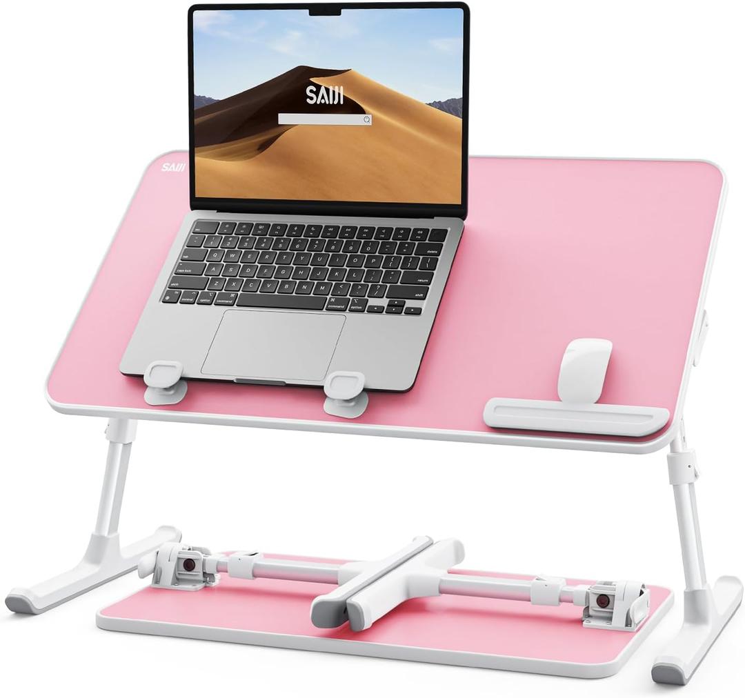 SAIJI Height & Angle Adjustable Laptop Stand for Bed, Lap Desk Bed Tray Table, Light Weight Foldable Portable Laptop Table for Couch Sofa Chair Floor Desk for Adults, Kids (Pink) (20.5 x 11.8 In)