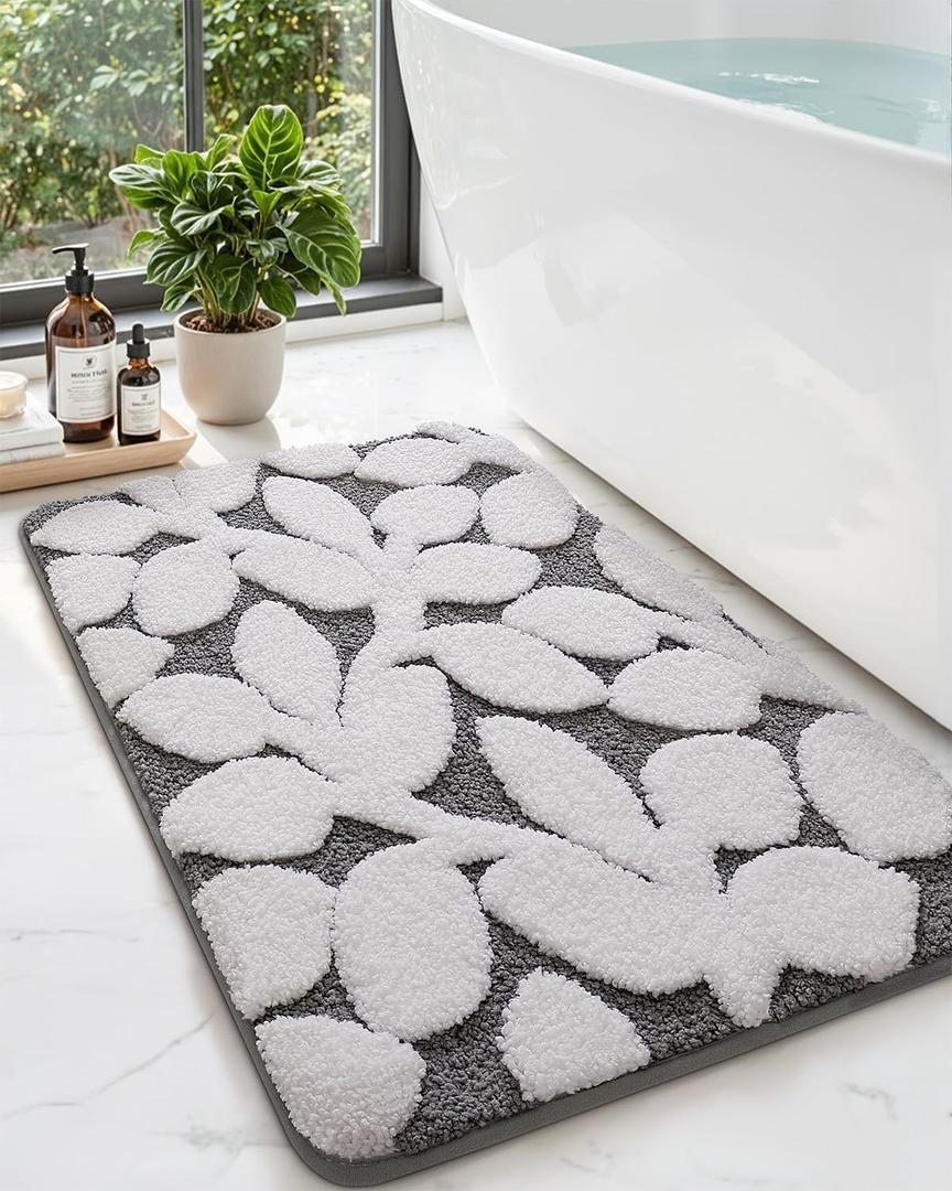 DEXI Bathroom Rugs Non Slip, 16x24 Washable Microfiber Bath Mat Quick Dry, Absorbent Ultra Soft Leaf Plant Bathmat for Shower Floor Tub Sink, Grey