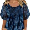 onlypuff Womens Double Layered Tunic Tops Half Sleeve Floral Double Layered Sheer Flowy Blouse Round/V Neck Casual Shirts (Red, L)