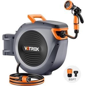 Retractable Garden Hose Reel Outside [1/2 inch ×100 FT], VOTREK Automatic Rewind Wall Mounted Hose Reel [Heavy Duty] with Any Length Lock, 180° Swivel Bracket, 9 Modes Nozzle for Watering Cleaning