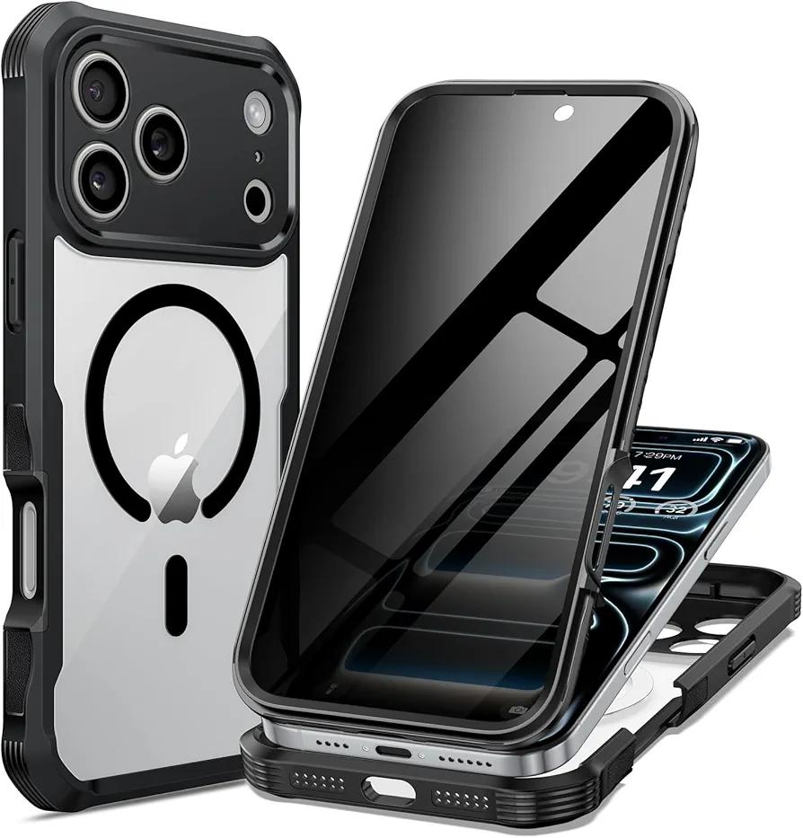 seacosmo for iPhone 17 Pro Max Case, Full Body Bumper with Built-in 9H Tempered Glass Privacy Screen Protector and Camera Lens Protection, Compatible with MagSafe, Shockproof Phone Case, 6.9", Black