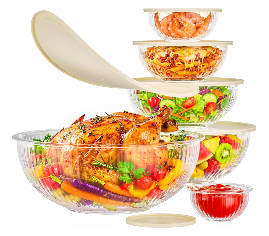 - Jelife Glass Mixing Bowls with Lids Sets - 6 Packs Size: 5.9-3.7 2.1-1-0.5-0.2QT, Borosilicate Nesting Glass Bowis Containers for Baking, Salad, Meal Prep, Serving, Food Storage, BPA Free & Dishwasher Safe