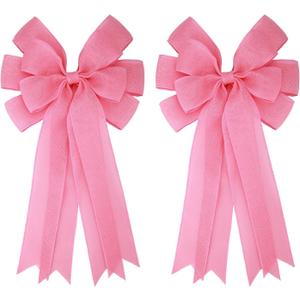 Meseey 2 Pcs 20 x 10 Inch Large Pink Burlap Bows, Wired Edge Premade Burlap Bows for Wreaths, Front Door Decor, Easter Decorations, Tree Topper, Gift Wrapping, Wedding and Baby Shower Decor