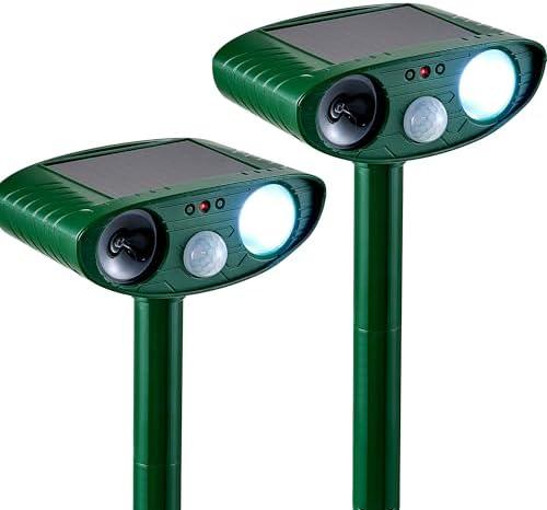 2 Pack Solar Animal Repeller for Raccoons, Deer & Squirrels - Ultrasonic & Strobe Light, Outdoor Deterrent for Cats, Dogs, Raccoons, Rabbits, Skunks, Foxes & More